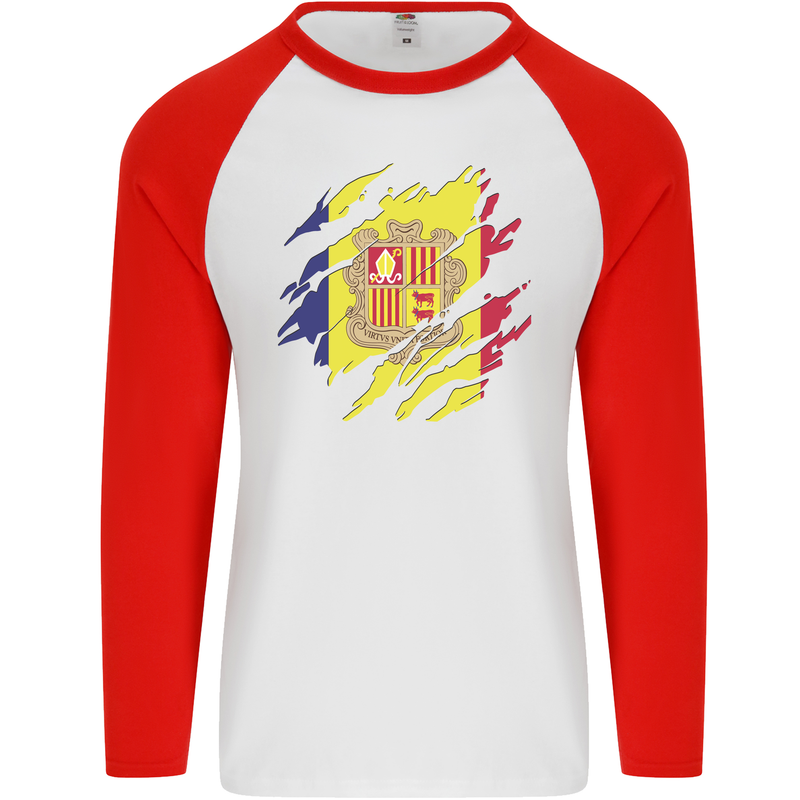 Torn Andorra Flag Andorran Day Football Mens L/S Baseball T-Shirt White/Red