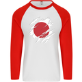 Torn Japan Flag Japanese Day Football Mens L/S Baseball T-Shirt White/Red