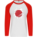 Torn Japan Flag Japanese Day Football Mens L/S Baseball T-Shirt White/Red
