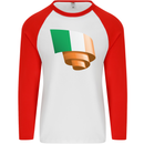 Curled Ireland Flag Irish St Patricks Day Football Mens L/S Baseball T-Shirt White/Red