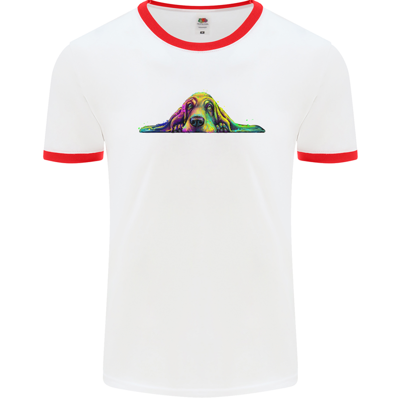 A Colourful Basset Hound Dog Mens Ringer T-Shirt White/Red