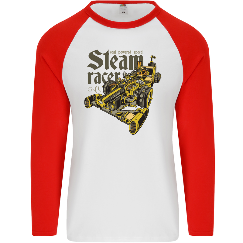 Steampunk Motorsports Racing Car Mens L/S Baseball T-Shirt White/Red