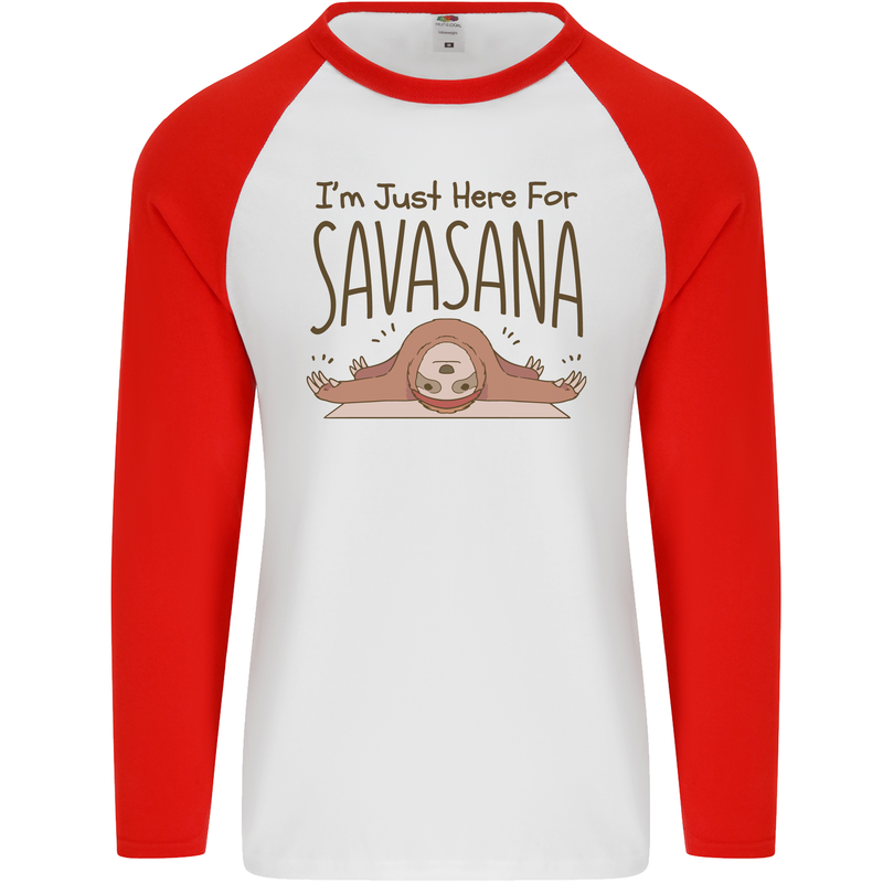 Im Just Here for the Savasana Funny Yoga Mens L/S Baseball T-Shirt White/Red