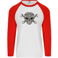 Engine Skull Mechanic Car Biker Motorbike Mens L/S Baseball T-Shirt White/Red