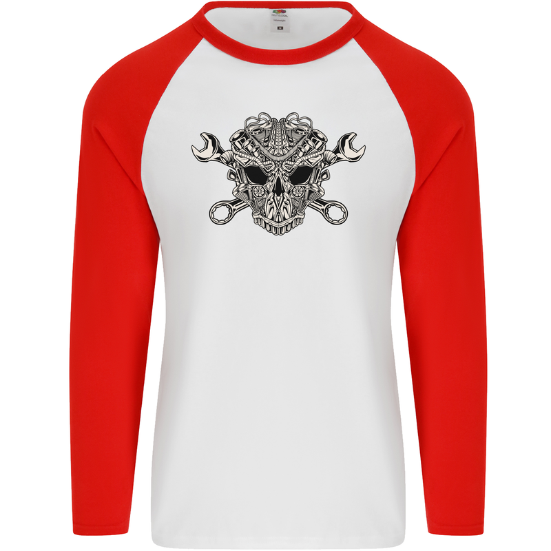 Engine Skull Mechanic Car Biker Motorbike Mens L/S Baseball T-Shirt White/Red