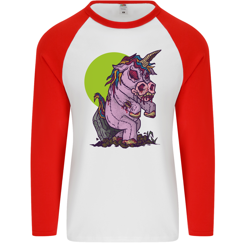 A Zombie Unicorn Funny Halloween Horror Mens L/S Baseball T-Shirt White/Red