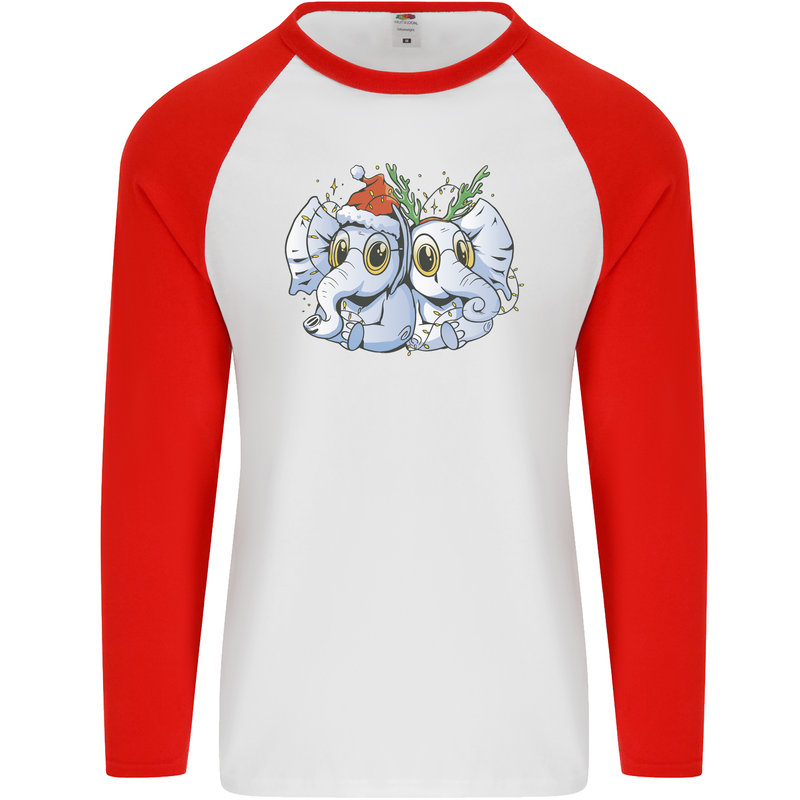 Christmas Elephants Xmas Mens L/S Baseball T-Shirt White/Red