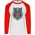 Mandala Tribal Wolf Tattoo Mens L/S Baseball T-Shirt White/Red