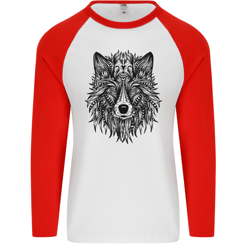 Mandala Tribal Wolf Tattoo Mens L/S Baseball T-Shirt White/Red