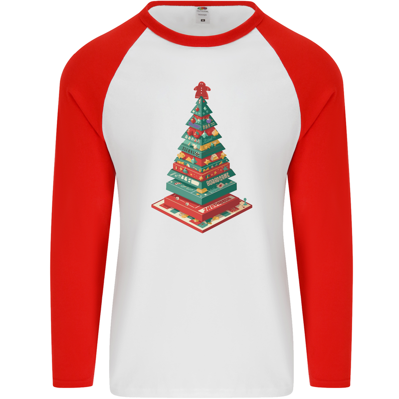 Christmas Board Games Xmas Tree Mens L/S Baseball T-Shirt White/Red