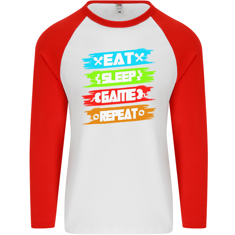 Eat Sleep Game Funny Gamer Gamming Mens L/S Baseball T-Shirt White/Red