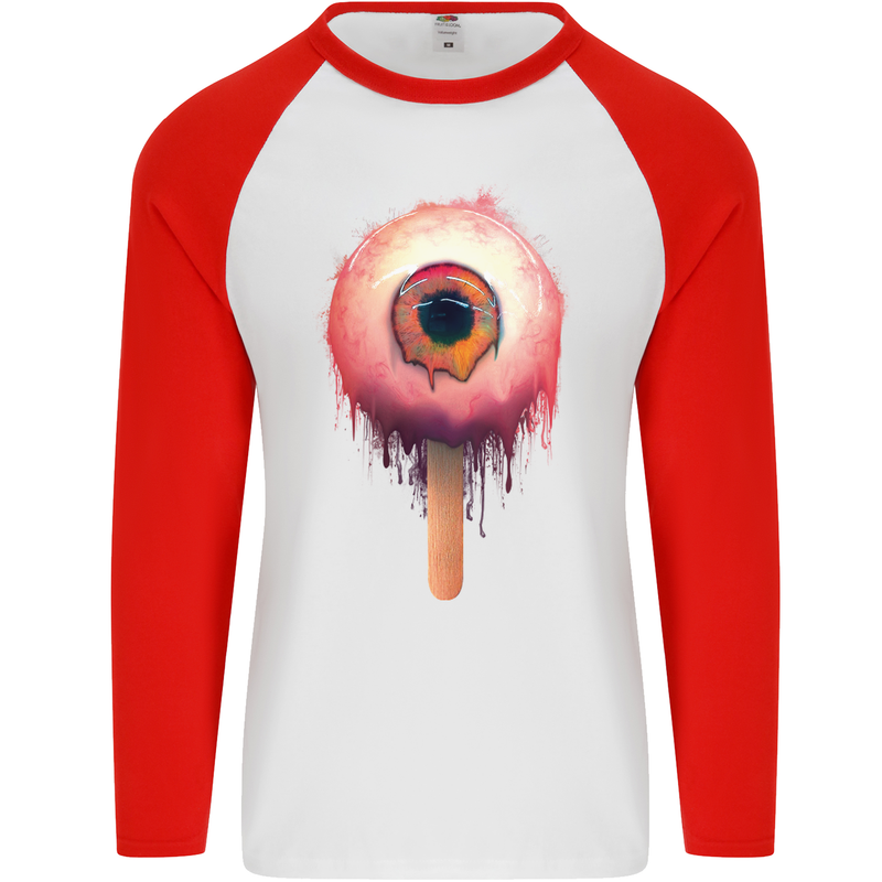 Eyesicle Horror Hangover Eye Gothic Demon Mens L/S Baseball T-Shirt White/Red