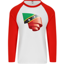 Curled Saint Kitts and Nevis Flag Day Football Mens L/S Baseball T-Shirt White/Red
