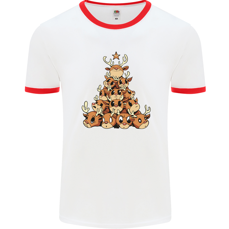 Reindeer Christmas Tree Rudolf Xmas Funny Mens Ringer T-Shirt White/Red