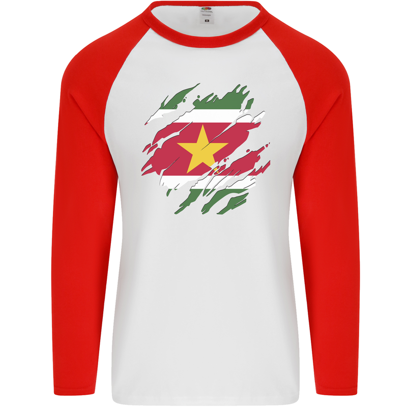 Torn Suriname Flag Suriname Day Football Mens L/S Baseball T-Shirt White/Red