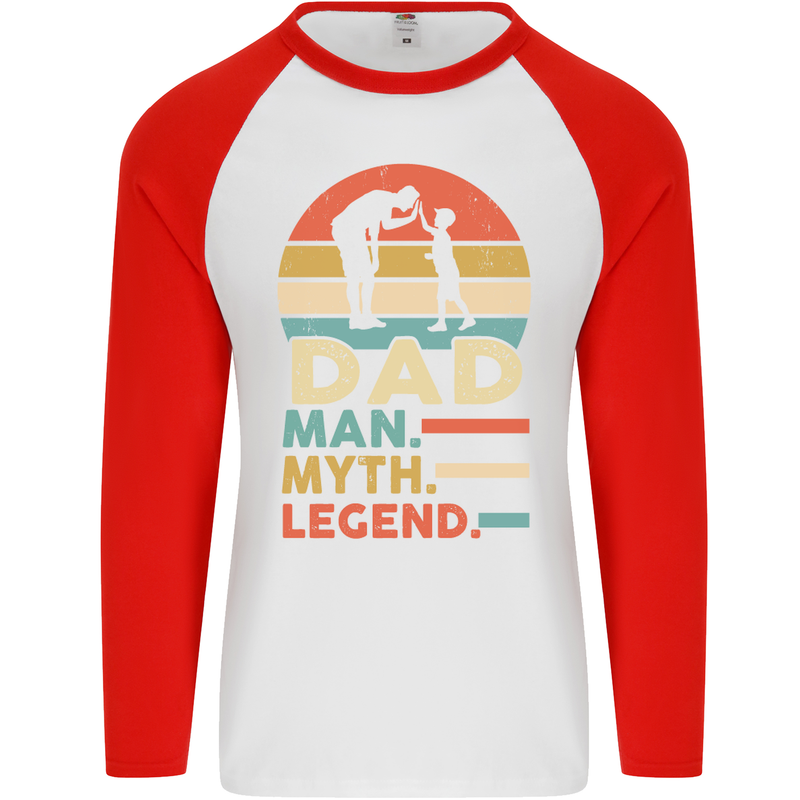 Dad Man Myth Legend Funny Fathers Day Mens L/S Baseball T-Shirt White/Red