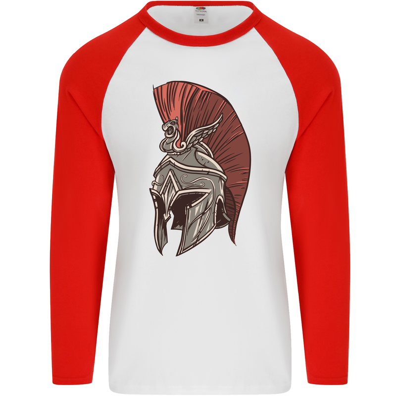 Roman Helmet Bodybuilding Gym Spartan Mens L/S Baseball T-Shirt White/Red