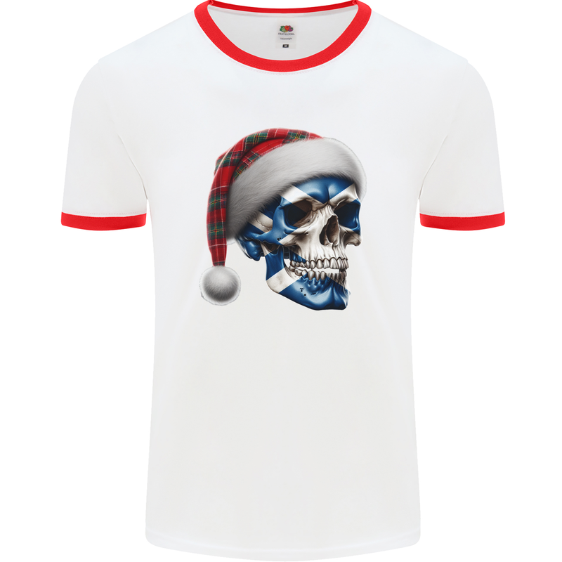 Scotland Christmas Skull Xmas Scottish Flag Biker Mens Ringer T-Shirt White/Red