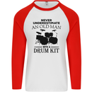 Old Man Drumming Drum Kit Drummer Funny Mens L/S Baseball T-Shirt White/Red