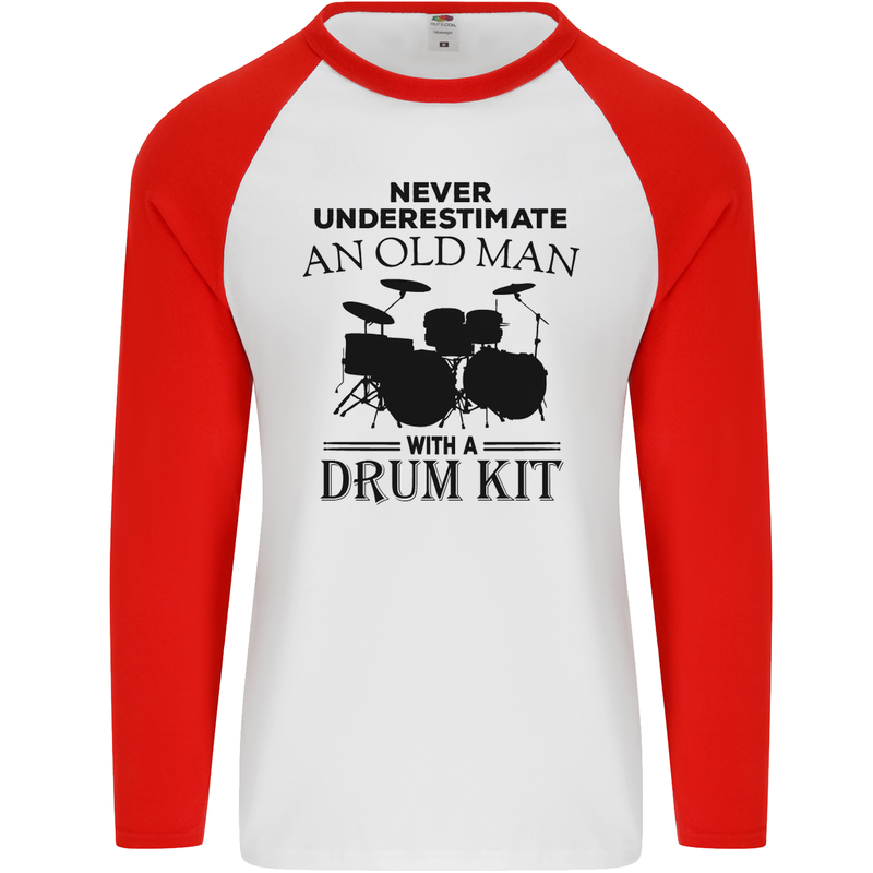 Old Man Drumming Drum Kit Drummer Funny Mens L/S Baseball T-Shirt White/Red