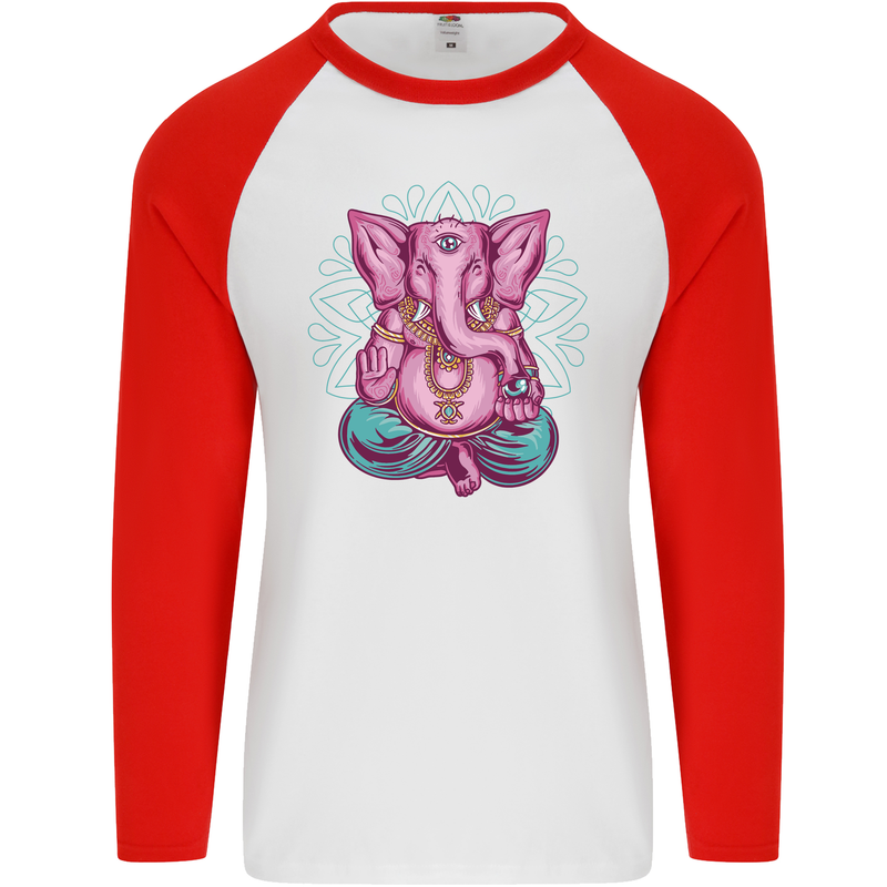 A Meditating Elephant Yoga Spiritual Mens L/S Baseball T-Shirt White/Red