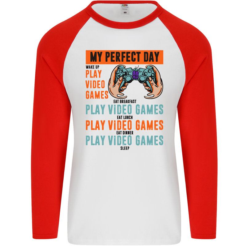 My Perfect Day Video Games Gaming Gamer Mens L/S Baseball T-Shirt White/Red