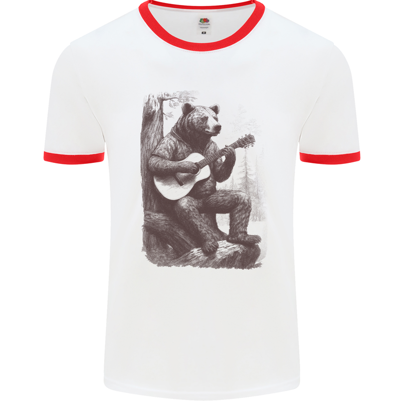 A Cool Bear Playing the Acoustic Guitar Mens Ringer T-Shirt White/Red