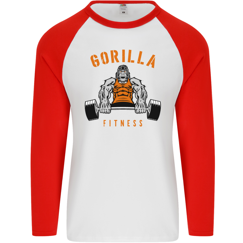 Gym Gorilla Fitness Bodybuilding Training Mens L/S Baseball T-Shirt White/Red