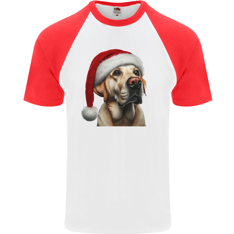 Christmas Golden Labrador Xmas Hat Dog Mens S/S Baseball T-Shirt White/Red