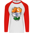 Gym The Indian Flag Ripped Muscles India Mens L/S Baseball T-Shirt White/Red