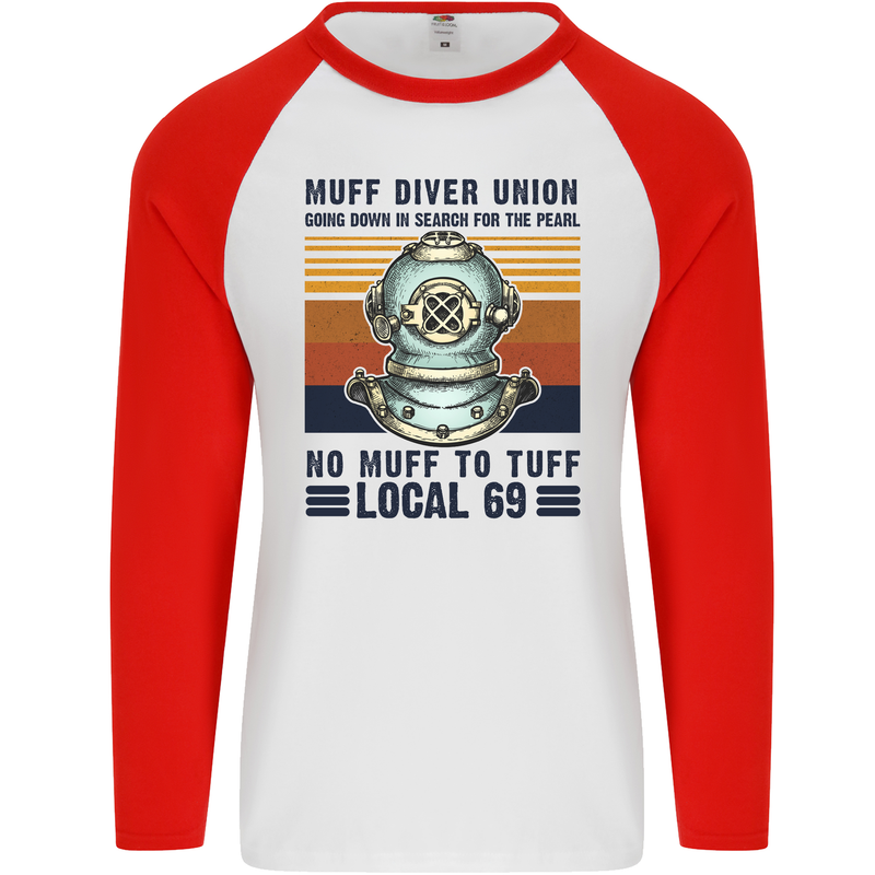 No Muff To Tuff Funny Scuba Diving Diver Mens L/S Baseball T-Shirt White/Red