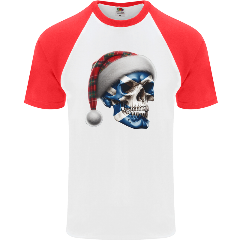 Scotland Christmas Skull Xmas Scottish Flag Biker Mens S/S Baseball T-Shirt White/Red