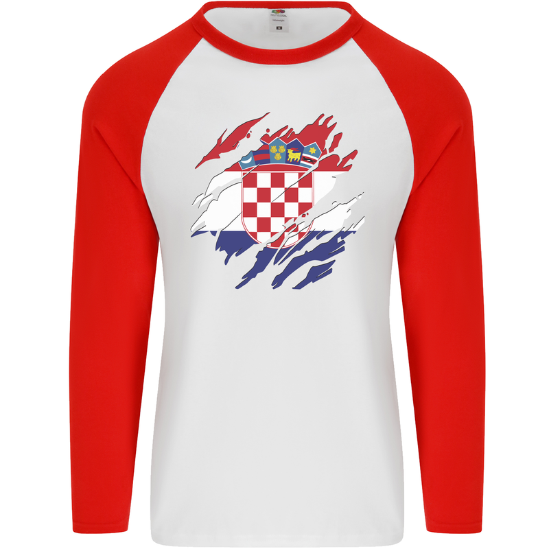 Torn Croatia Flag Croatian Day Football Mens L/S Baseball T-Shirt White/Red