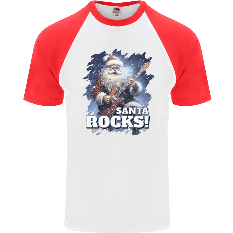 Santa Rocks Christmas Guitar Music Heavy Metal Mens S/S Baseball T-Shirt White/Red