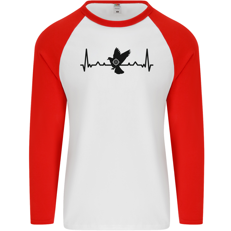 Pigeon Hunting Heart Beat ECG Hunter Mens L/S Baseball T-Shirt White/Red