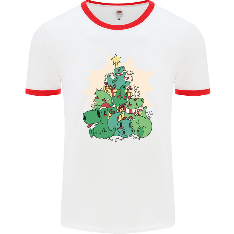 Christmas Dinosaur Xmas Tree T-Rex Funny Mens Ringer T-Shirt White/Red