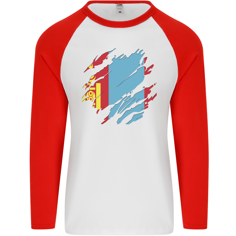 Torn Mongolia Flag Mongolian Day Football Mens L/S Baseball T-Shirt White/Red