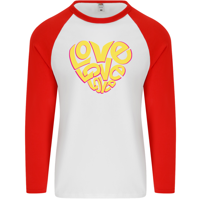 Love Word Art Heart Shape Anti-War Hippy Mens L/S Baseball T-Shirt White/Red