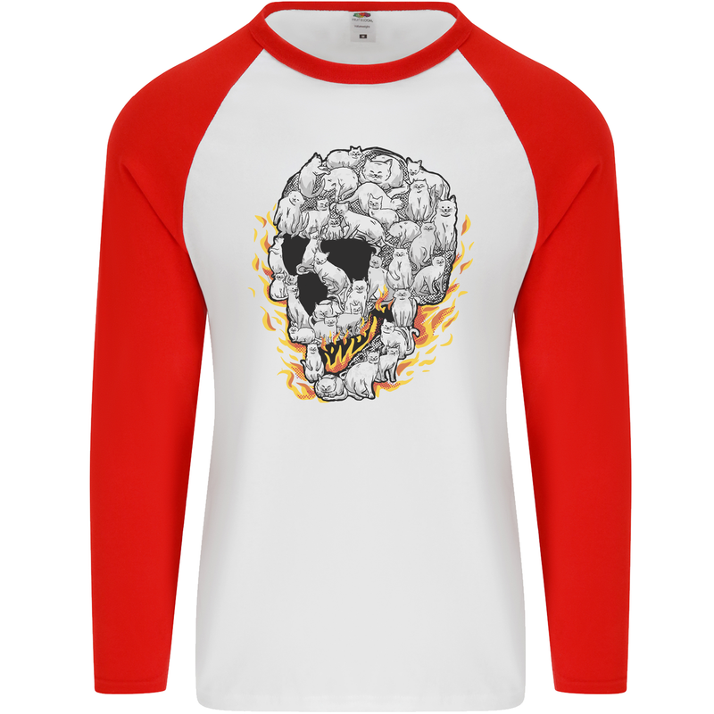 Fire Skull Made of Cats Mens L/S Baseball T-Shirt White/Red