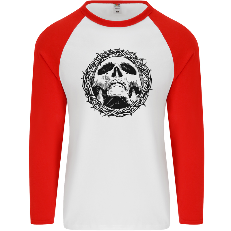 A Skull in Thorns Gothic Christ Jesus Mens L/S Baseball T-Shirt White/Red