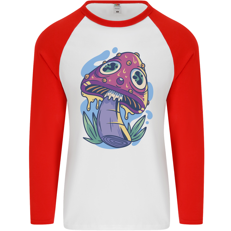 Trippy Magic Mushroom LSD Mens L/S Baseball T-Shirt White/Red