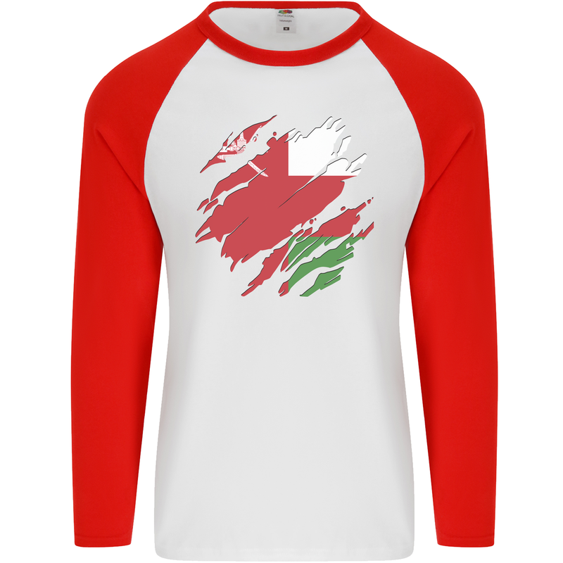 Torn Oman Flag Omani Day Football Mens L/S Baseball T-Shirt White/Red