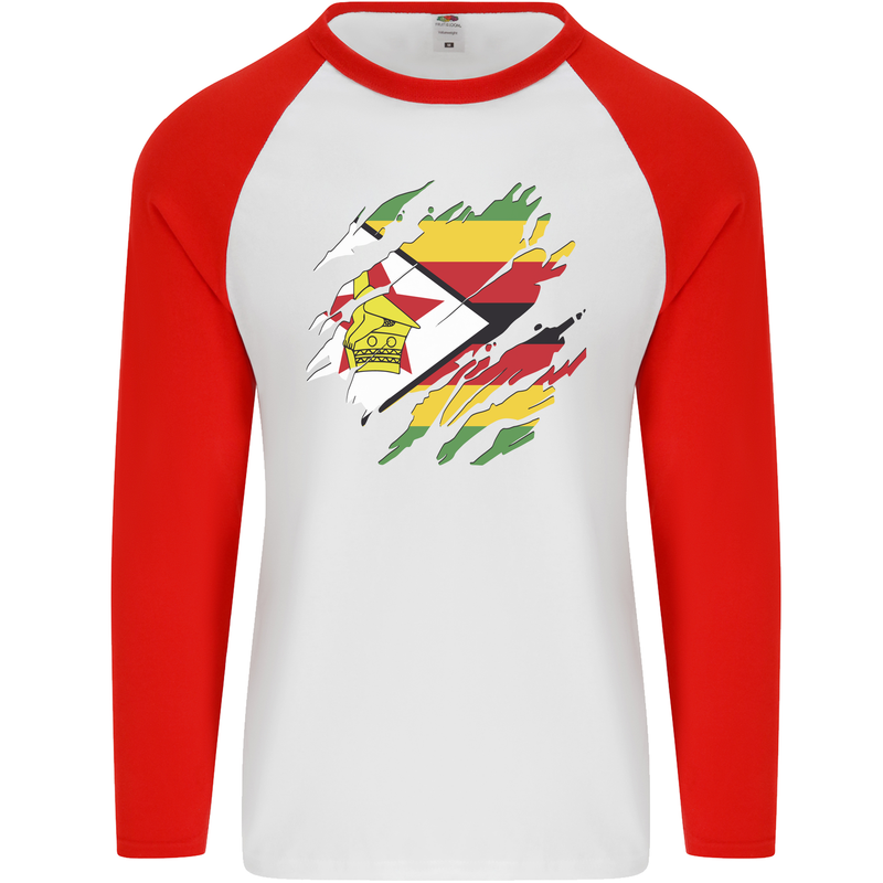 Torn Zimbabwe Flag Zimbabwean Day Football Mens L/S Baseball T-Shirt White/Red