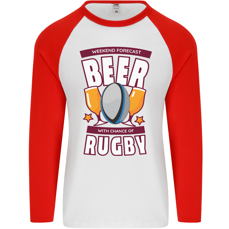 Weekend Forecast Beer Alcohol Rugby Funny Mens L/S Baseball T-Shirt White/Red