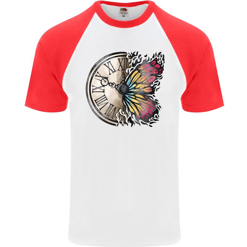 Butterfly Clock Mens S/S Baseball T-Shirt White/Red