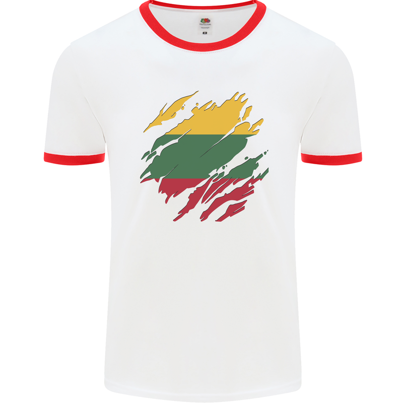 Torn Lithuania Flag Lithuania Day Football Mens Ringer T-Shirt White/Red