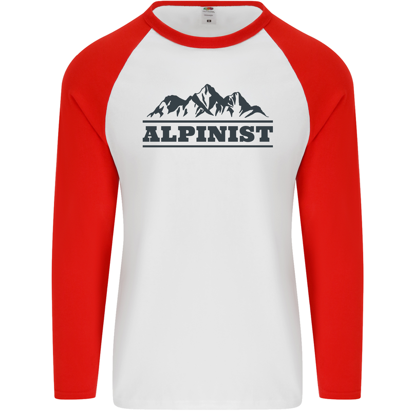 Mountains Alpinist Hiking Climbing Climber Mens L/S Baseball T-Shirt White/Red