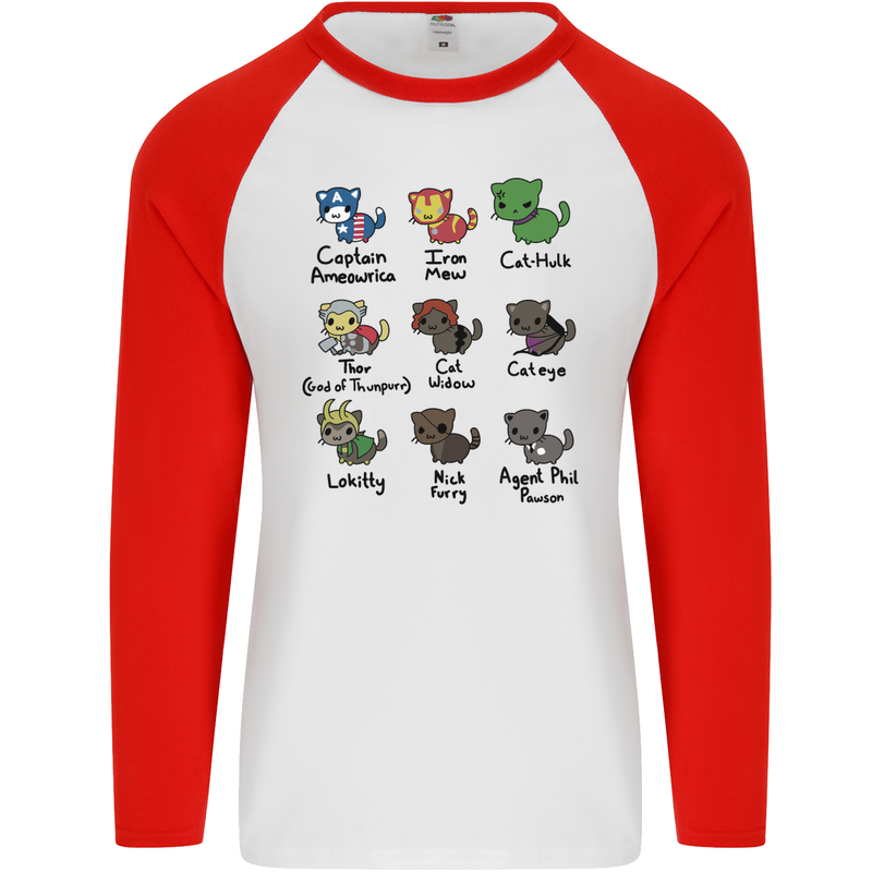 Funny Cat Superheroes Mens L/S Baseball T-Shirt White/Red