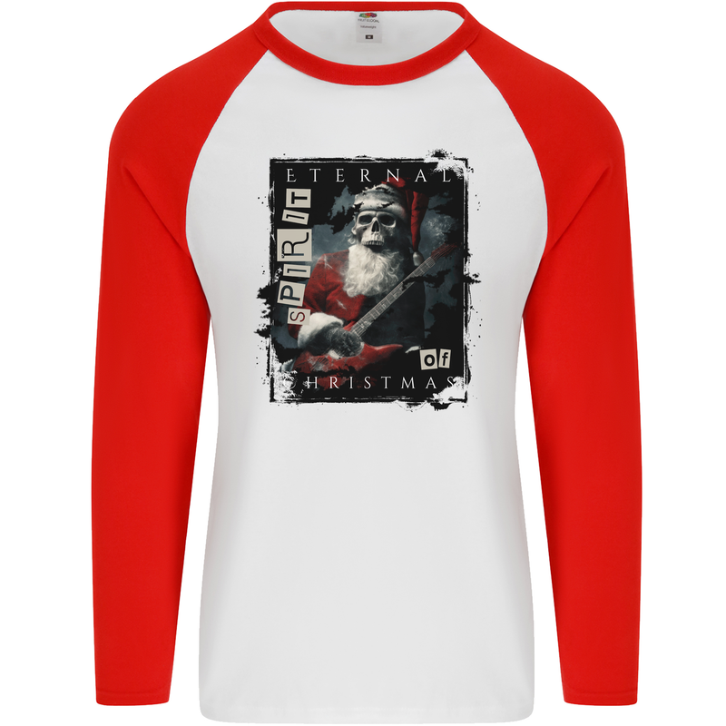 Eternal Spirit of Christmas Skull Guitar Rock Music Mens L/S Baseball T-Shirt White/Red