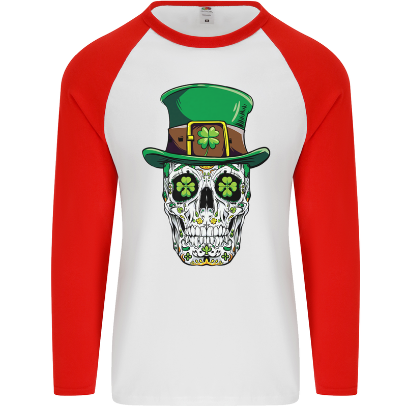 St Patricks Day of the Dead Sugar Skull Mens L/S Baseball T-Shirt White/Red